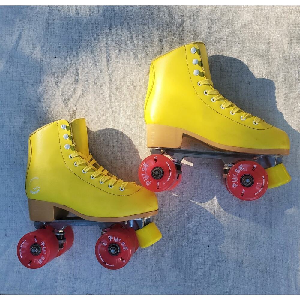 Yellow Rollerskates with Pink Atom Pulse Wheels Installed Size 7 or Size 8
